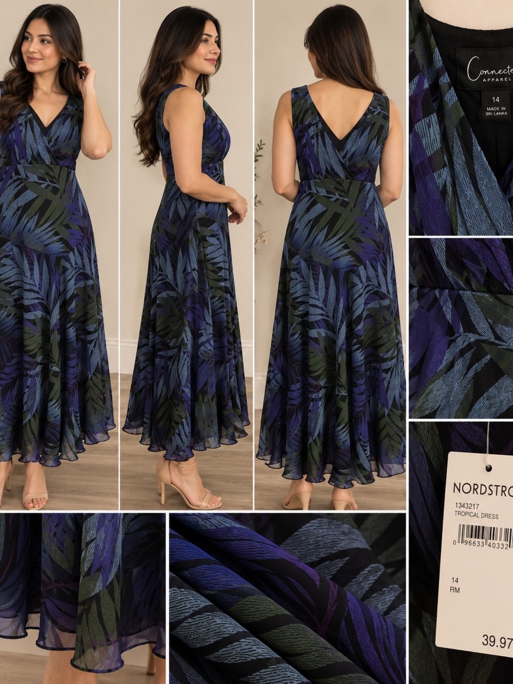 Nordstrom Blue, Green & Purple Tropical-Leaf Midi Dress